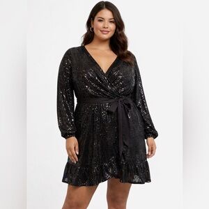Lauren Conrad sz 0X black long sleeve sequins faux wrap dress w/ruffle